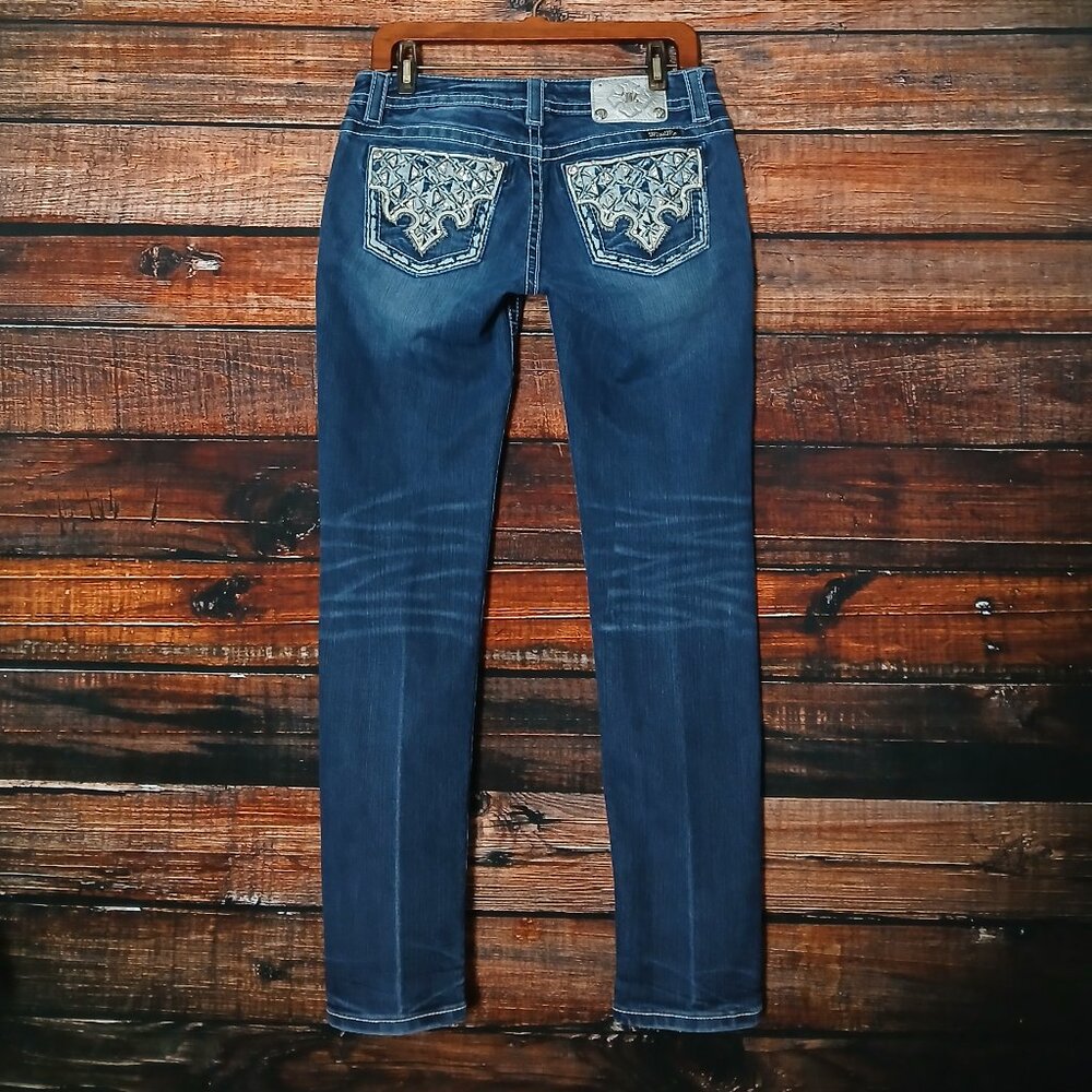 Miss Me Jeans 29 Signature Skinny Low Rise Embellished Blue Denim Stretch - Picture 3 of 12